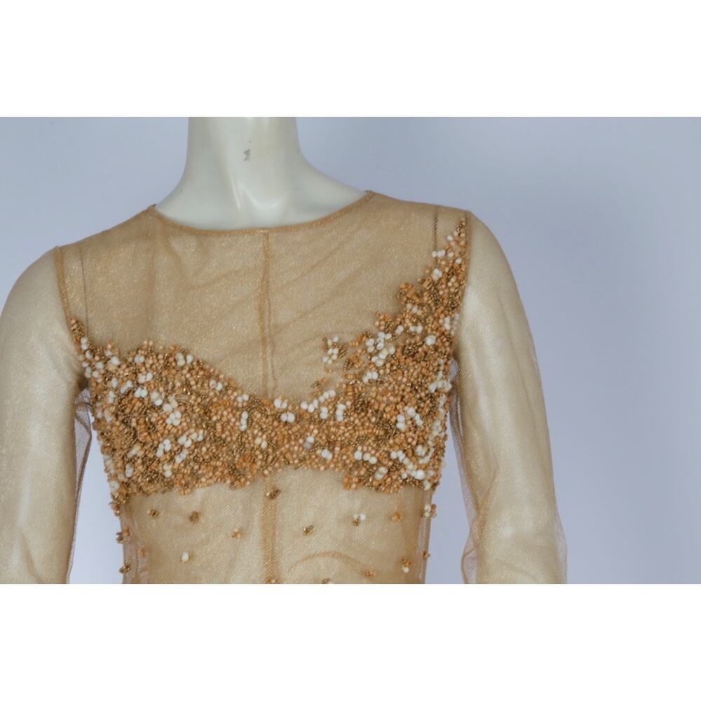 VTG One of a Kind Couture Jumpsuit Sheer Metallic Gold Beaded Wide Leg Designer - Picture 9 of 16